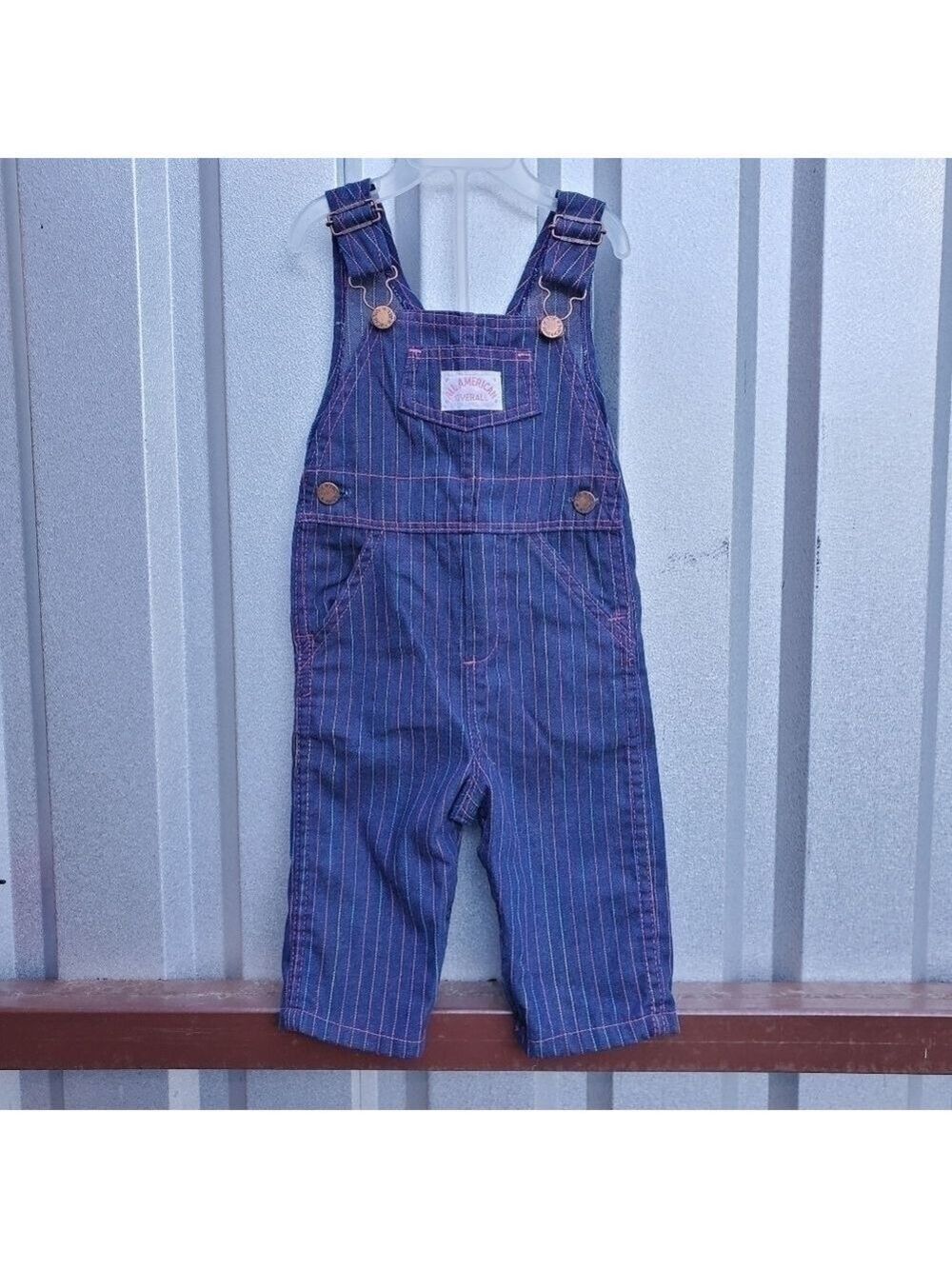 Vtg All American Overall Dark Denim rainbow pastel pinstripes 18m